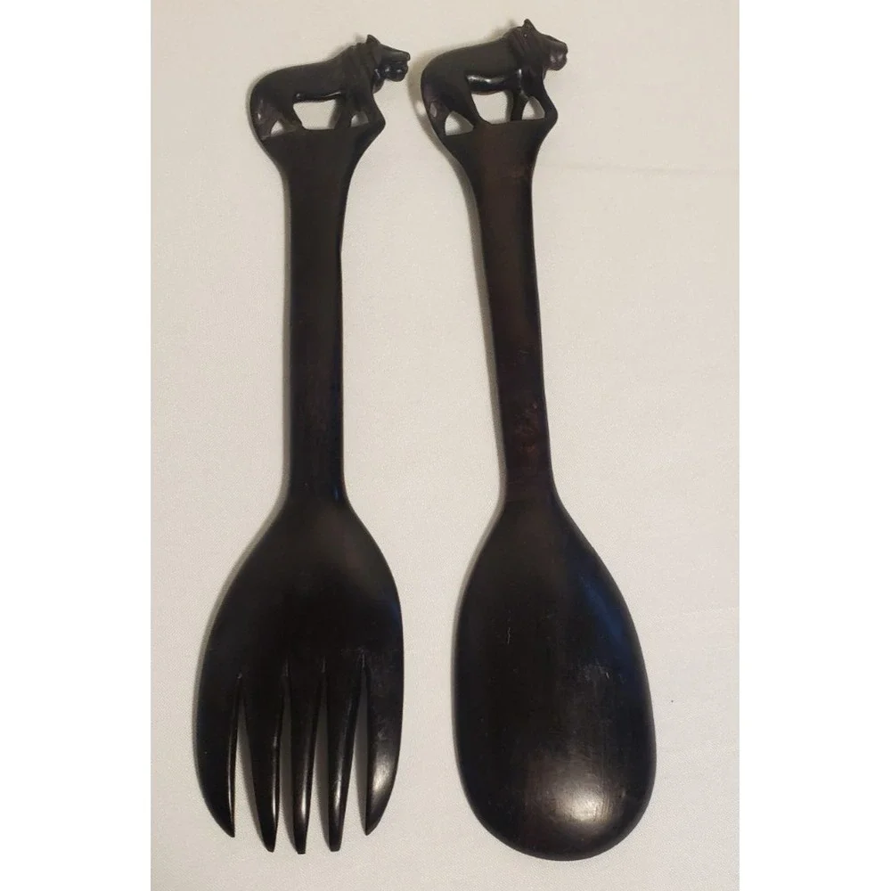 Hand Carved Wood Lion Handled Salad Servers Fork/‎ Spoon - Picture 2 of 5